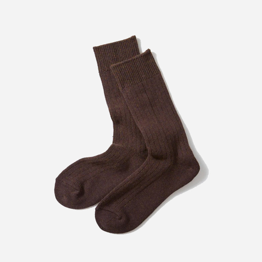 Cotton Wool Ribbed Crew Socks - Dark Brown