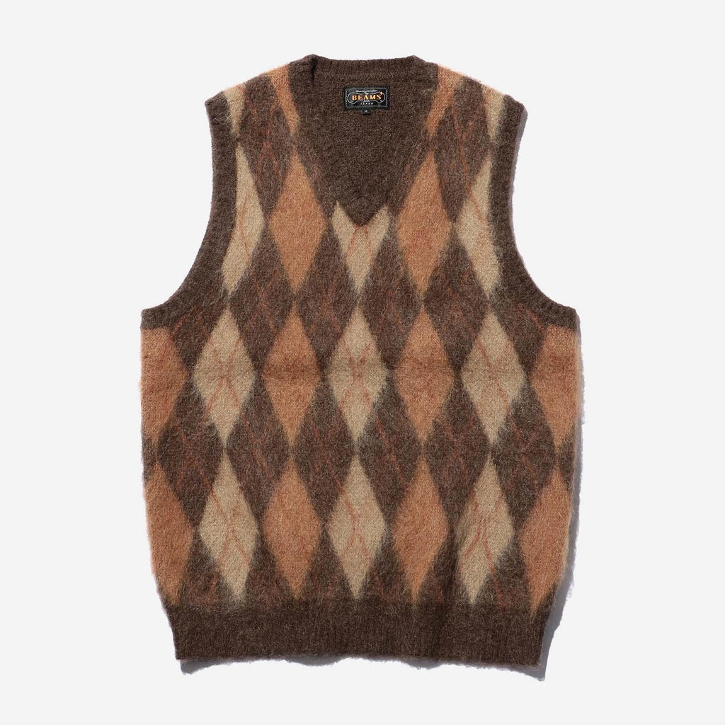 Knit Vest Double Jacquard Argyle Pattern Mohair - Brown