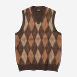 Knit Vest Double Jacquard Argyle Pattern Mohair - Brown