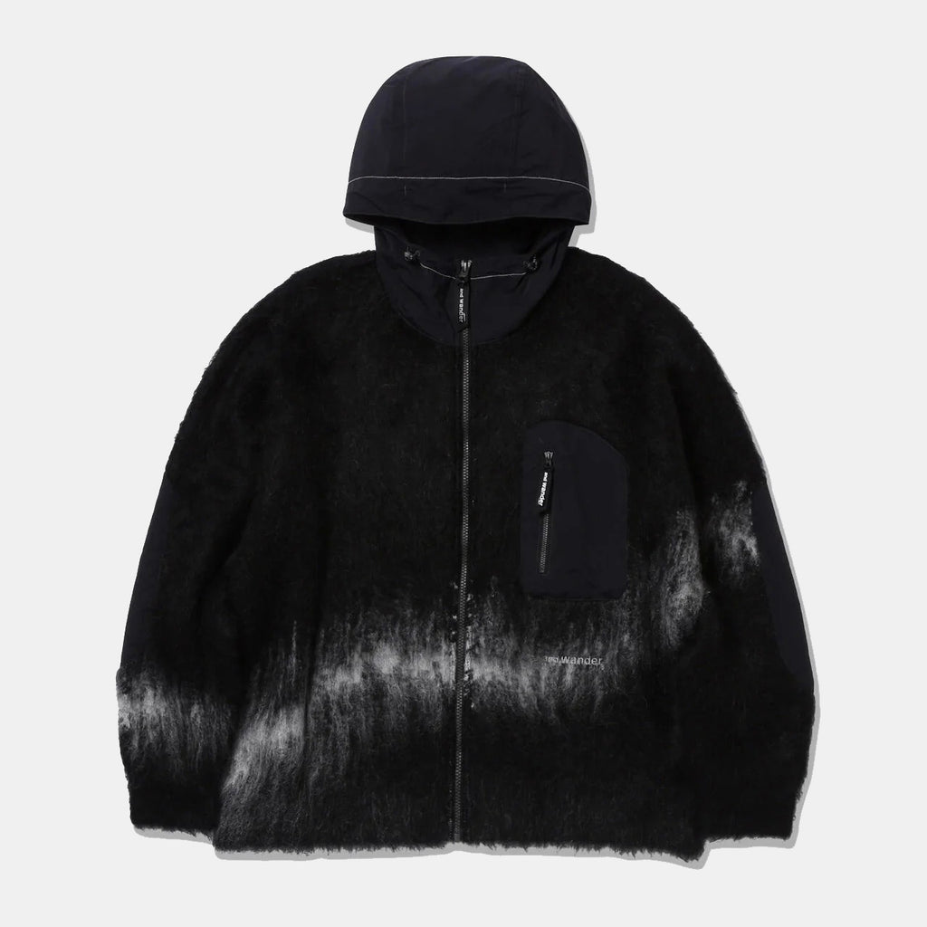 jacquard shaggy knit f/z hoodie - black