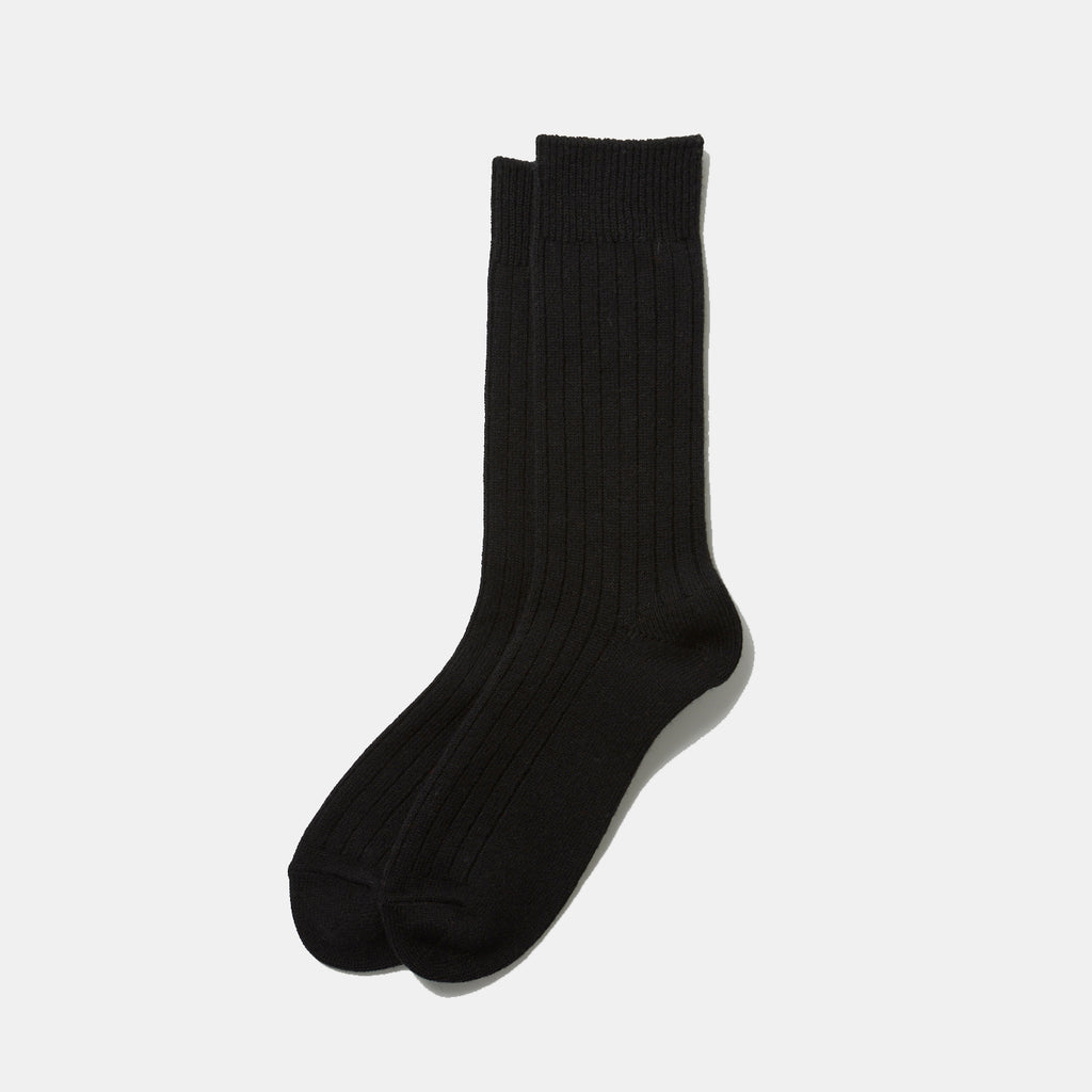 Cotton Wool Ribbed Crew Socks - Black