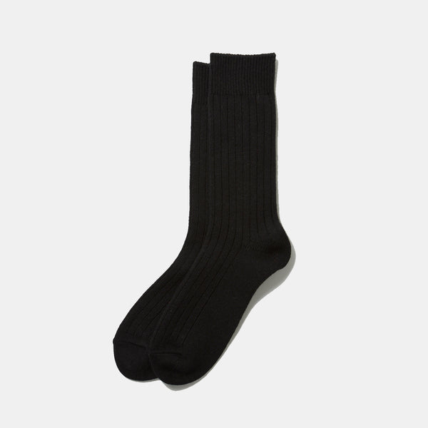 Cotton Wool Ribbed Crew Socks - Black