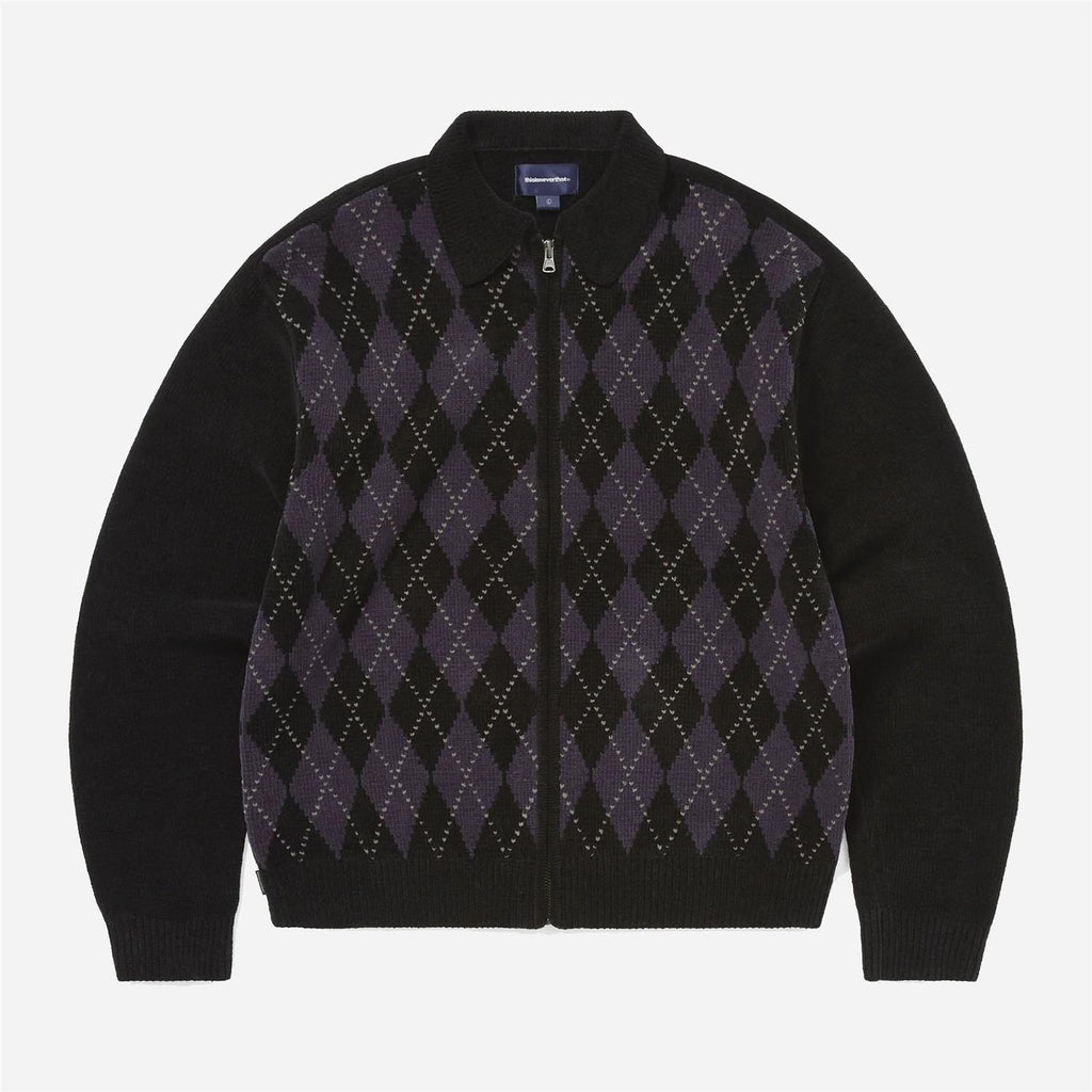 Argyle Zip Knit Cardigan - Black