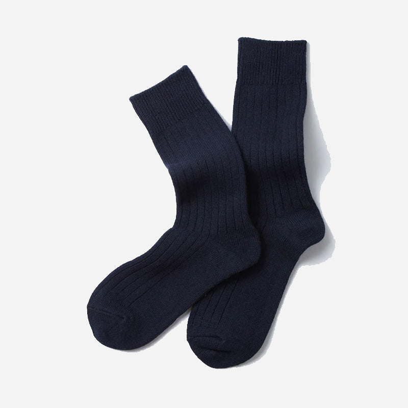 Cotton Wool Ribbed Crew Socks - Navy