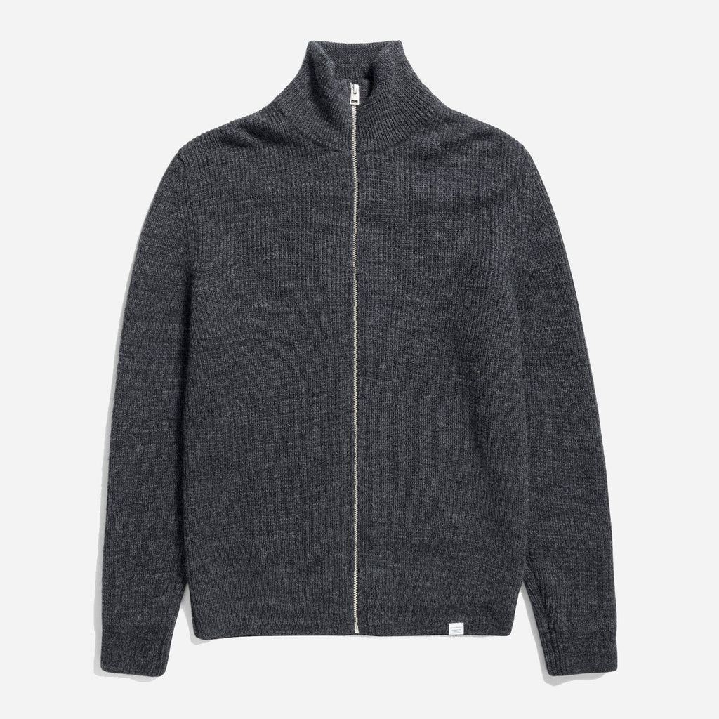 Hagen Wool Cotton Rib Full Zip Jacket - Dark Grey Melange