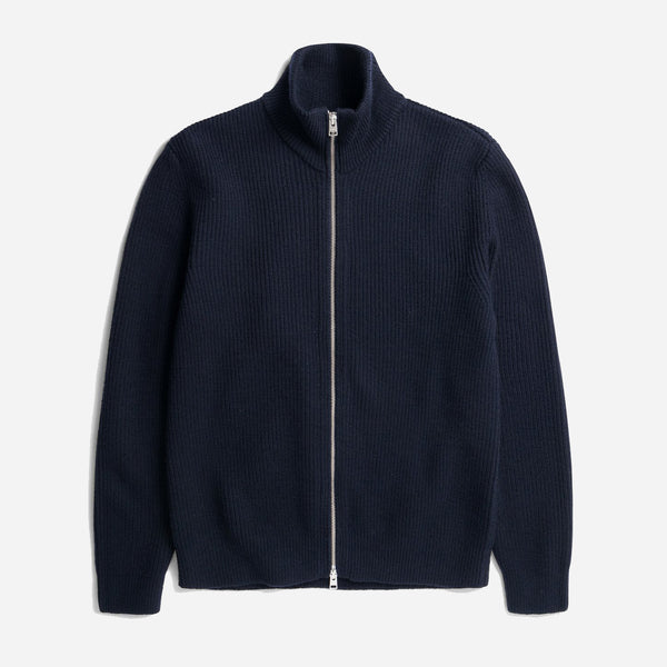 Hagen Wool Cotton Rib Full Zip Jacket - Dark Navy