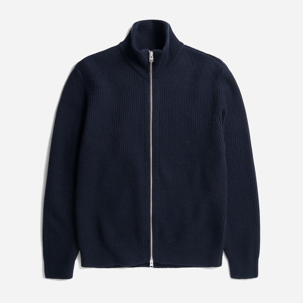 Hagen Wool Cotton Rib Full Zip Jacket - Dark Navy