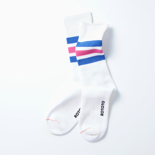 Fine Pile Striped Crew Socks - White/Blue/Pink