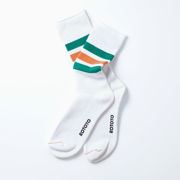 Fine Pile Striped Crew Socks - White/Green/Orange